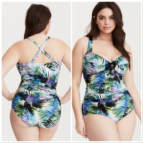 Torrid Tropical Front Tie One Piece, 4x. - Picture 2 of 6